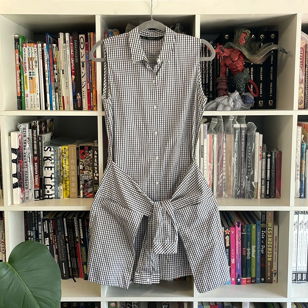 Zara Trafaluc 2 4 6 small black & white check tie waist button down dress pocket